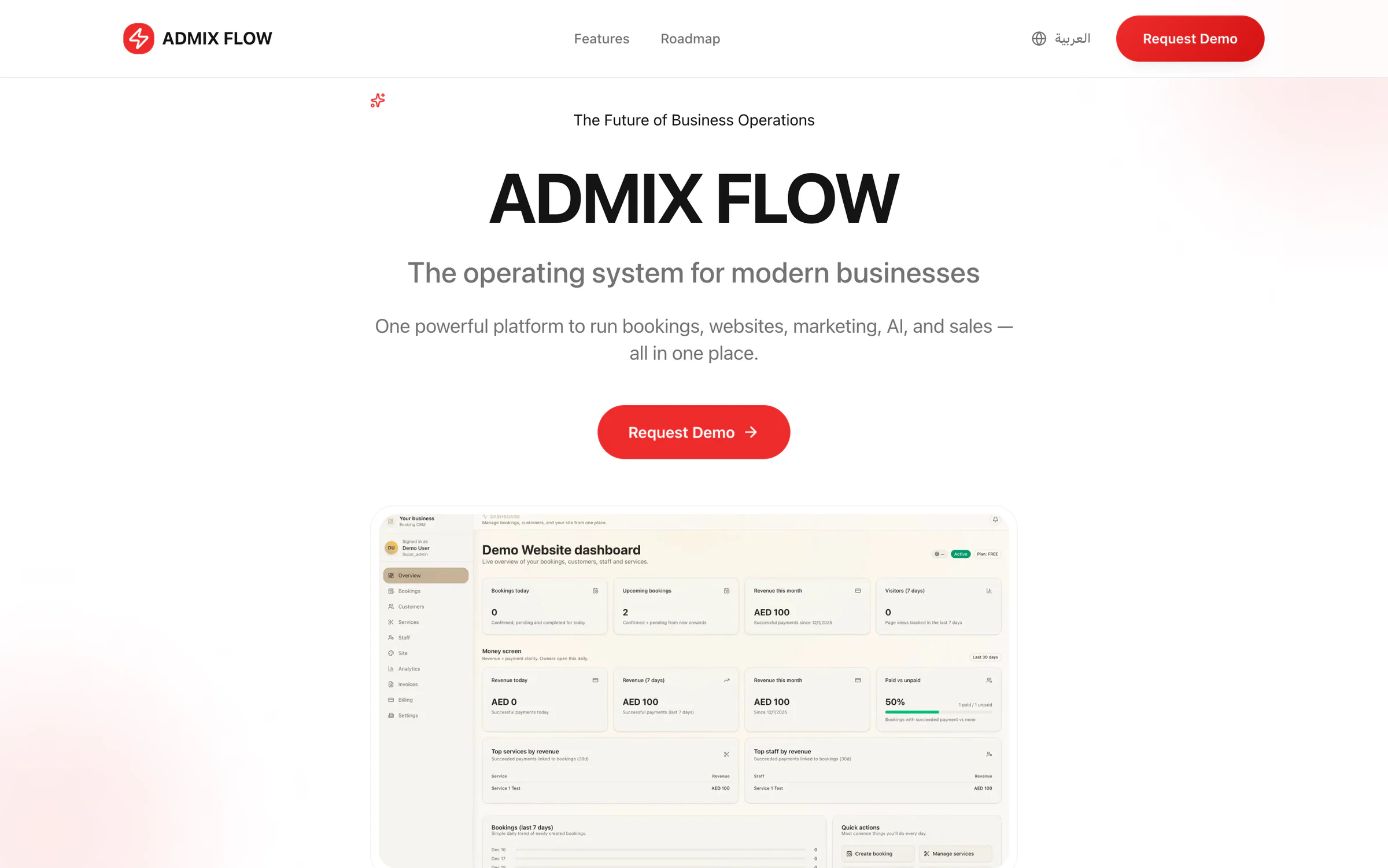 Admix Flow product page on admixlab.com: the headline “The operating system for modern businesses”, a Request Demo button and a preview of the booking CRM dashboard