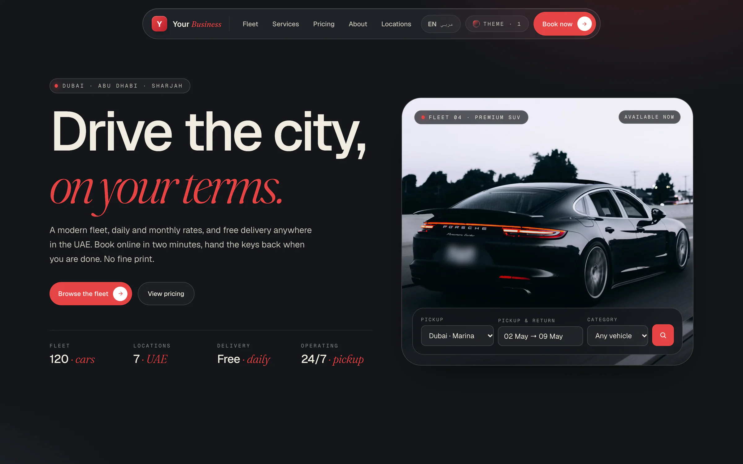 Car-rental template in its dark theme: the headline “Drive the city, on your terms.”, a car photo and a search bar for pickup location, dates and category