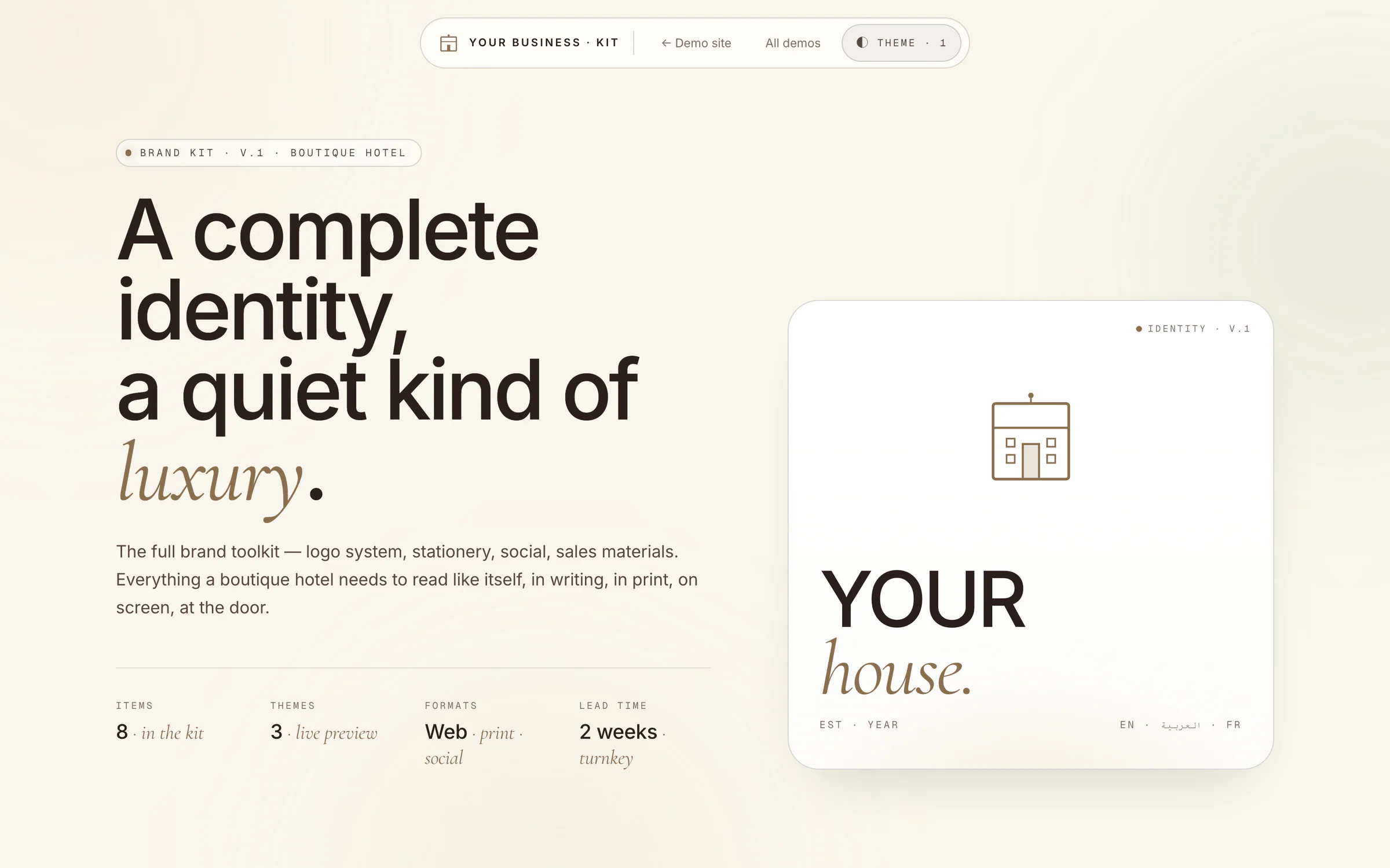 Hotel brand kit page: the headline “A complete identity, a quiet kind of luxury.” beside a sample identity card reading “YOUR house.”