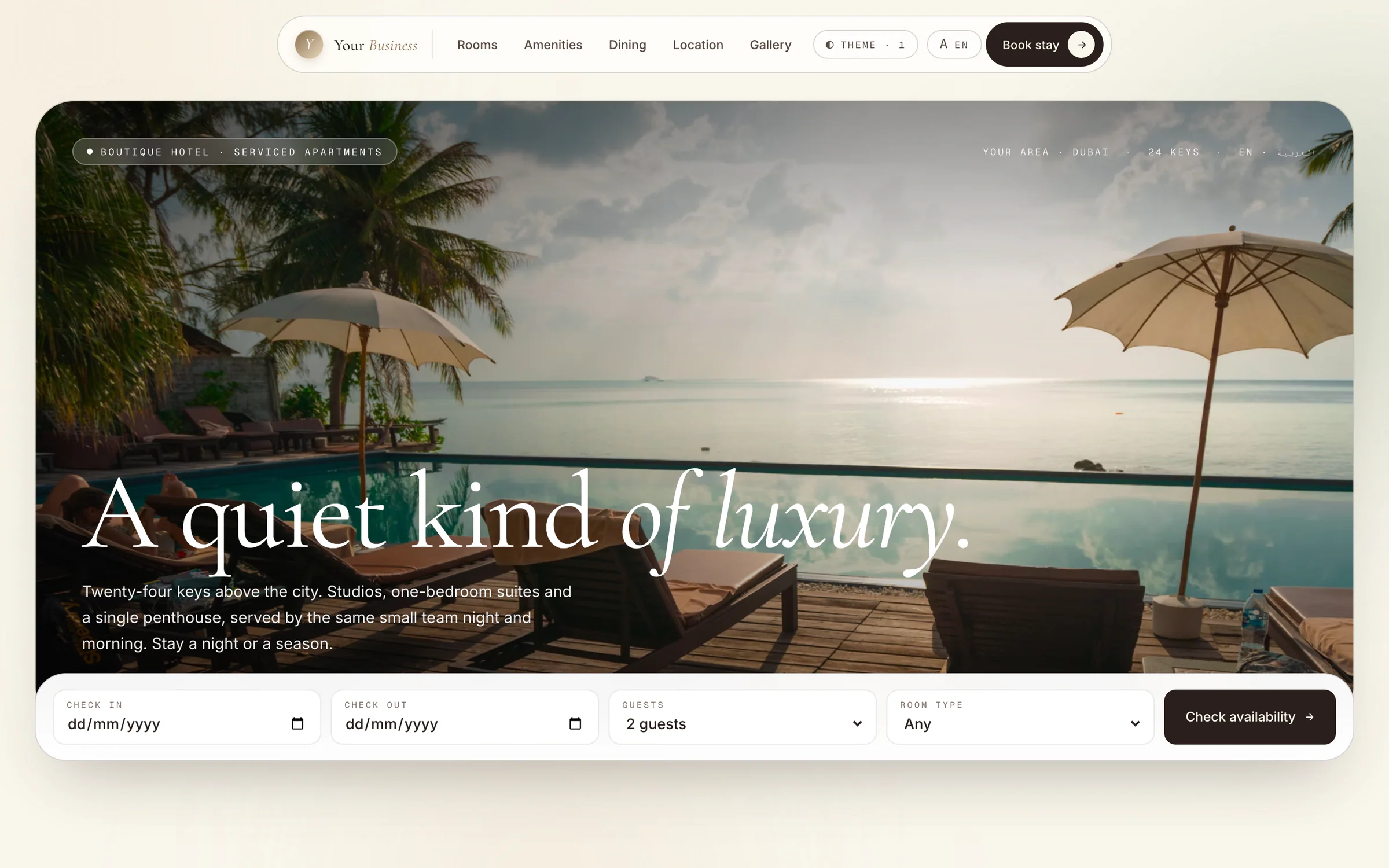 Boutique hotel template: a poolside photo behind the headline “A quiet kind of luxury.” and an availability bar for check-in, check-out, guests and room type