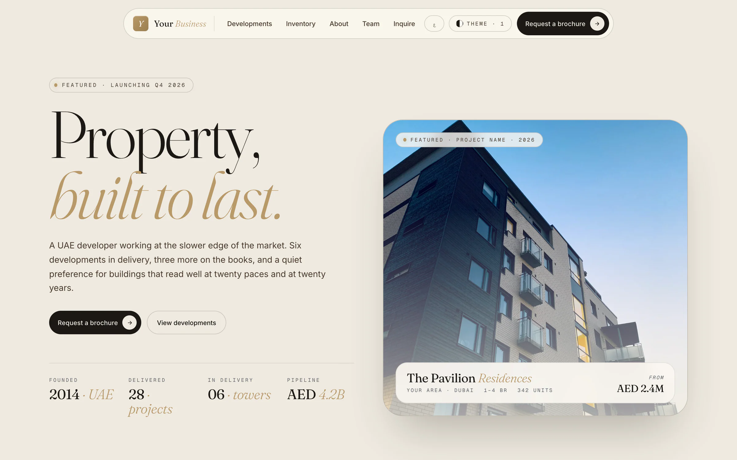 Real-estate developer template: the headline “Property, built to last.”, a card for a featured residential project and a row of placeholder figures