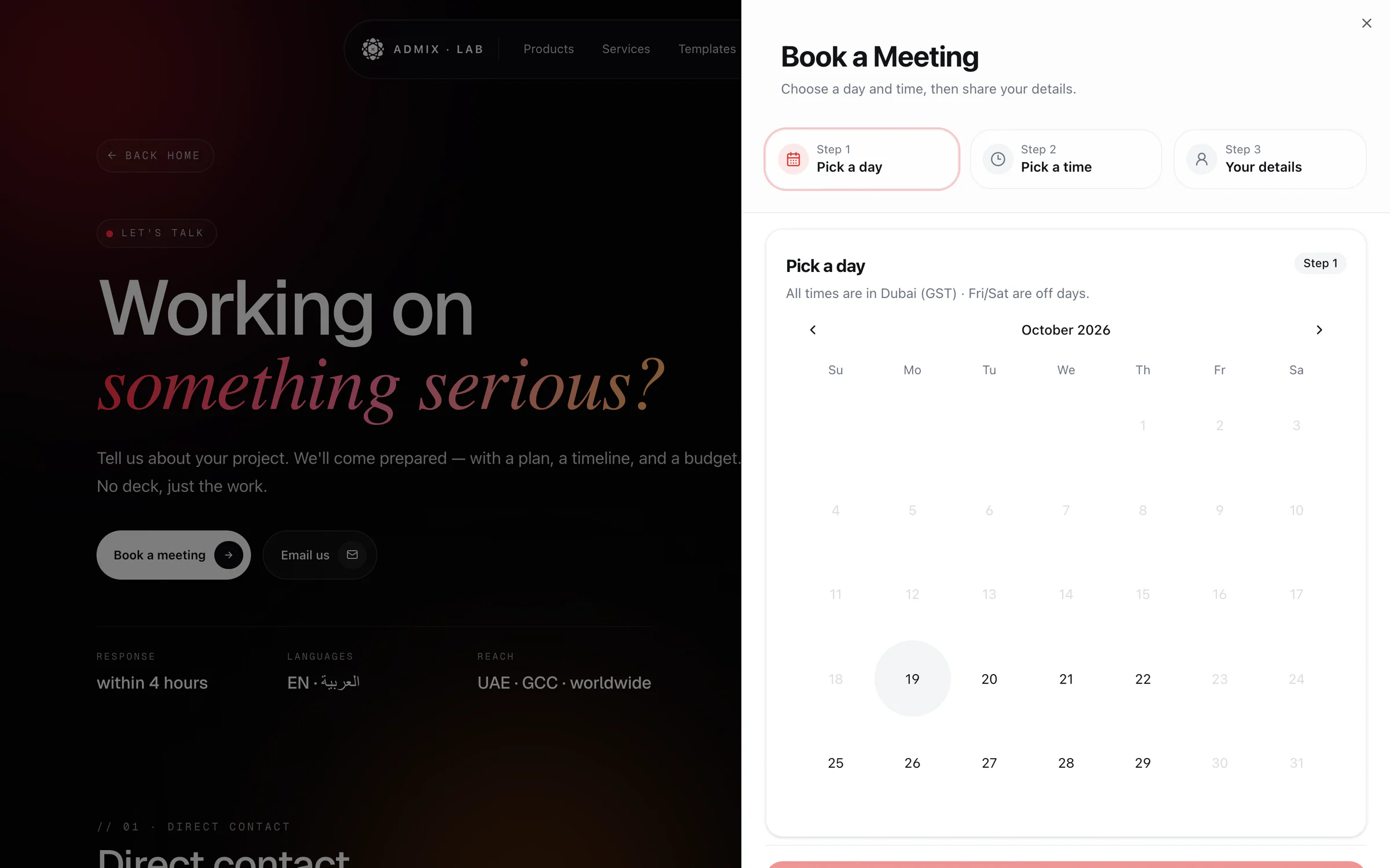 Connect page with the Book a Meeting sheet open at step 1 of 3: a month calendar in Dubai time with Fridays and Saturdays grayed out