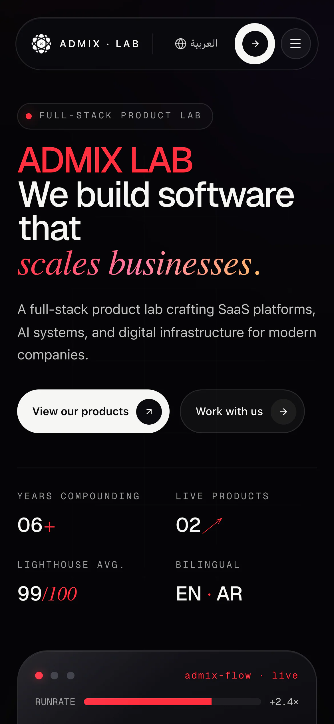 Admix Lab home page on a phone: the same headline with View our products and Work with us buttons below it