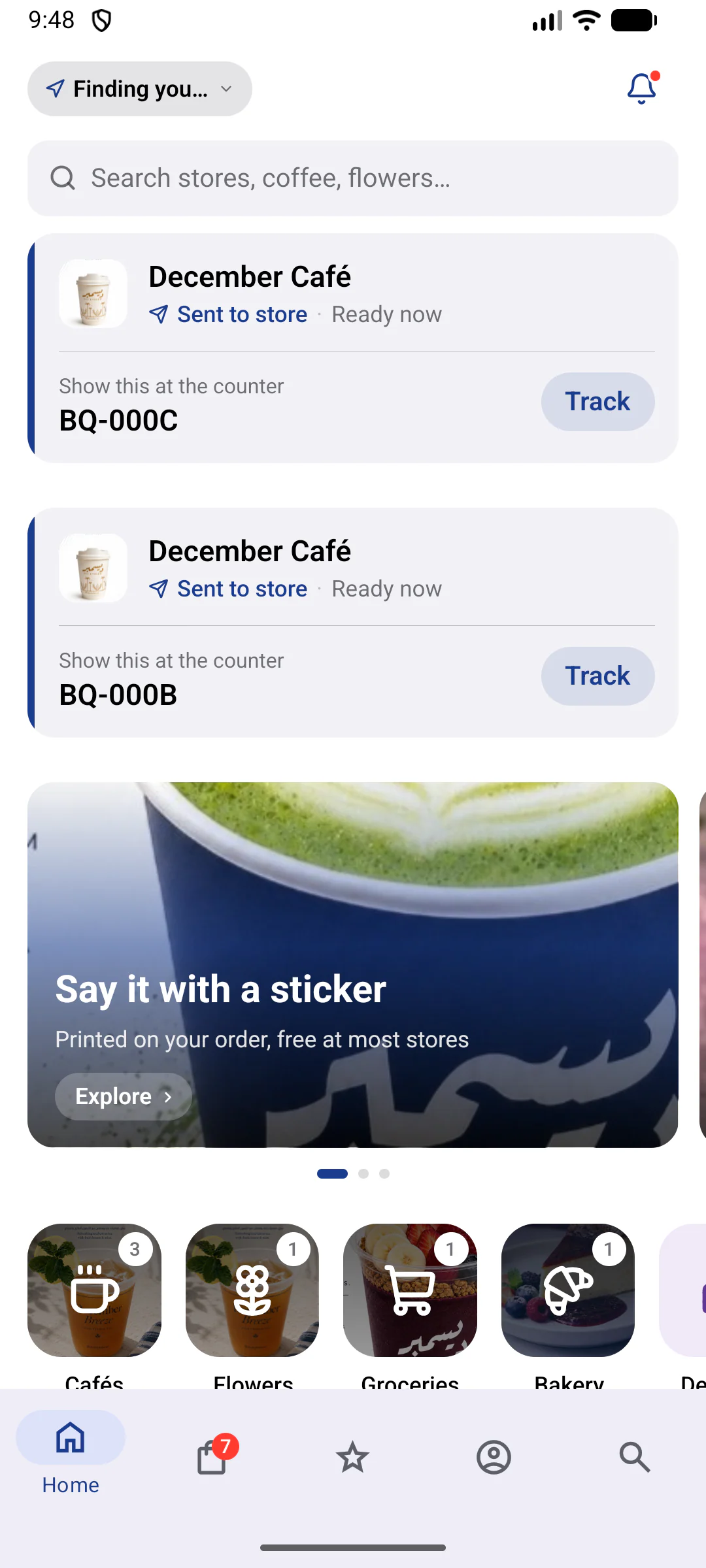 Customer app home on Android: search, two active pickup orders with a code to show at the counter, a sticker banner and store categories