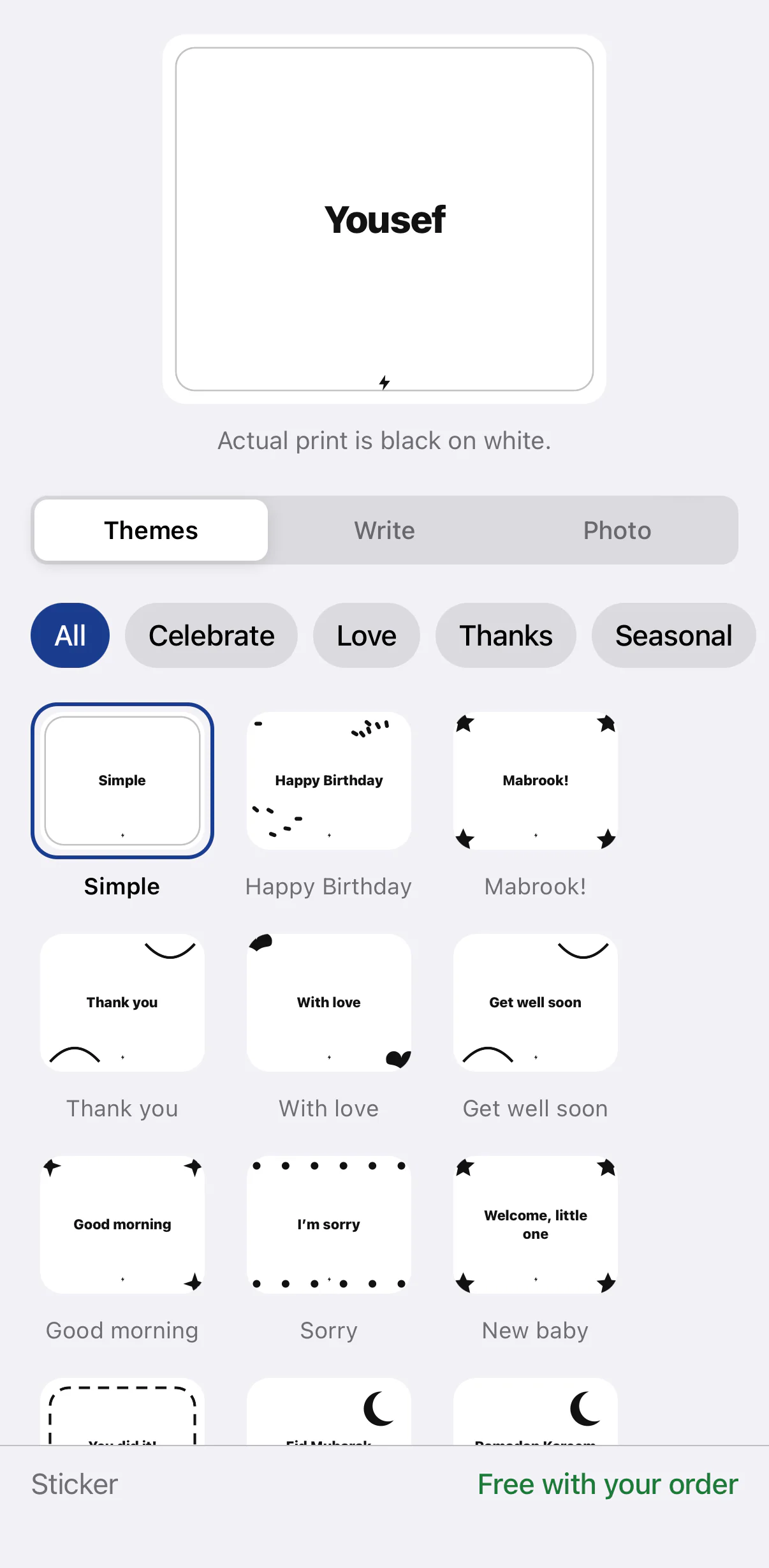Sticker studio on iOS: a live label preview with a name, Themes, Write and Photo modes, and theme tiles such as Happy Birthday, Mabrook! and Get well soon