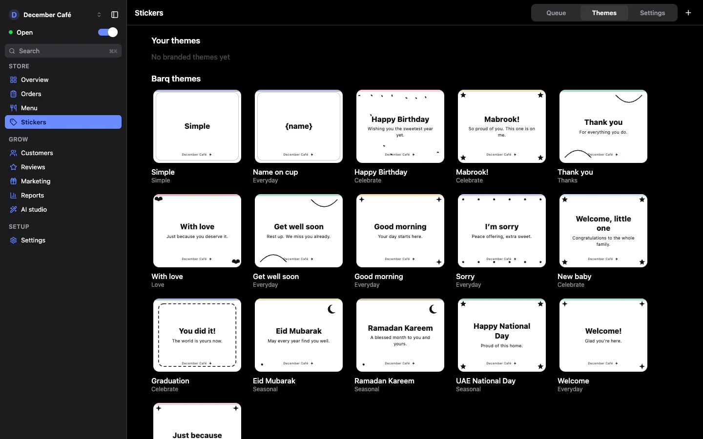 Store dashboard in dark mode: a grid of Barq sticker themes, from Simple and Happy Birthday to Eid Mubarak and UAE National Day, each carrying the store's name