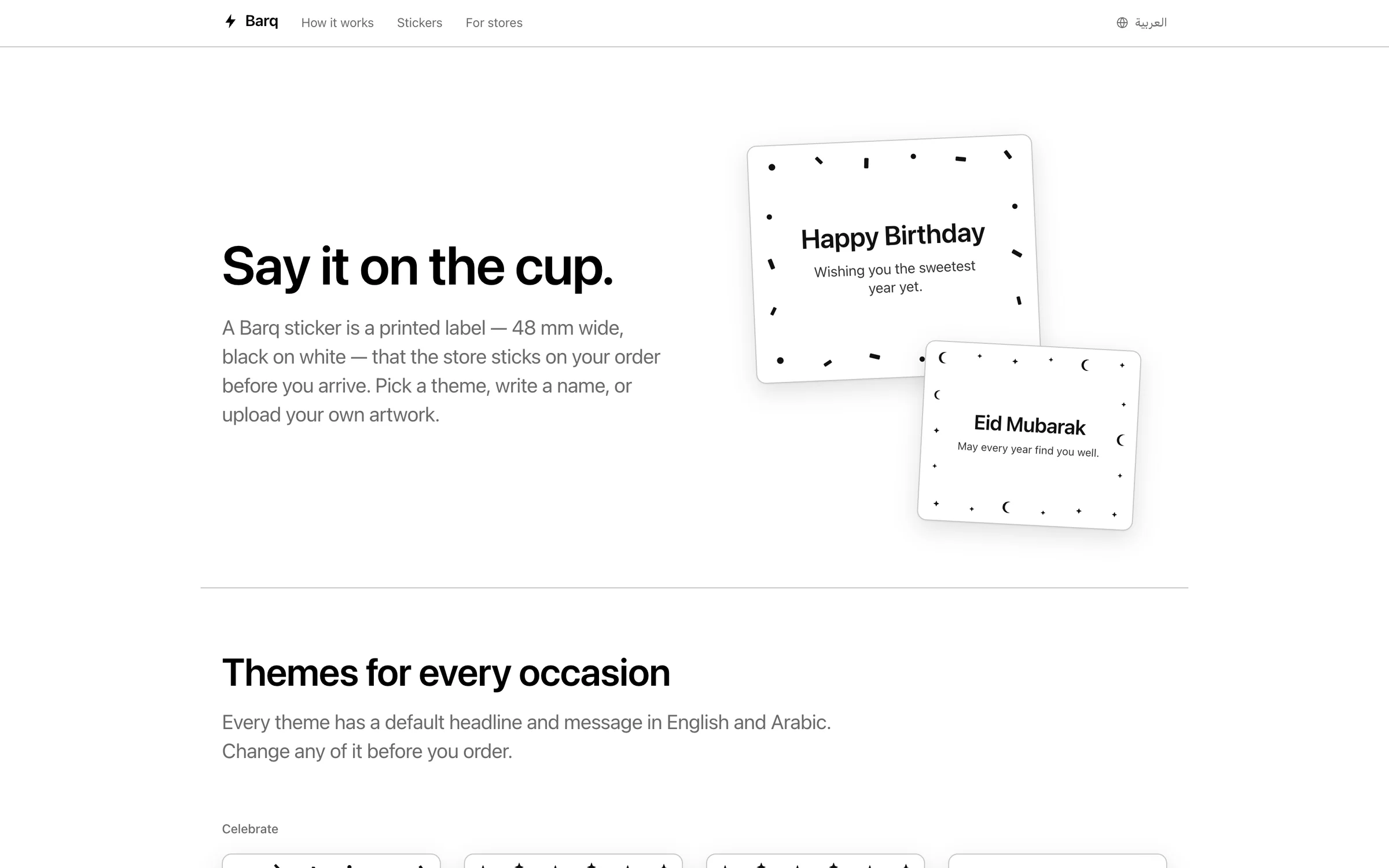 Website sticker page headed 'Say it on the cup.' with Happy Birthday and Eid Mubarak label previews