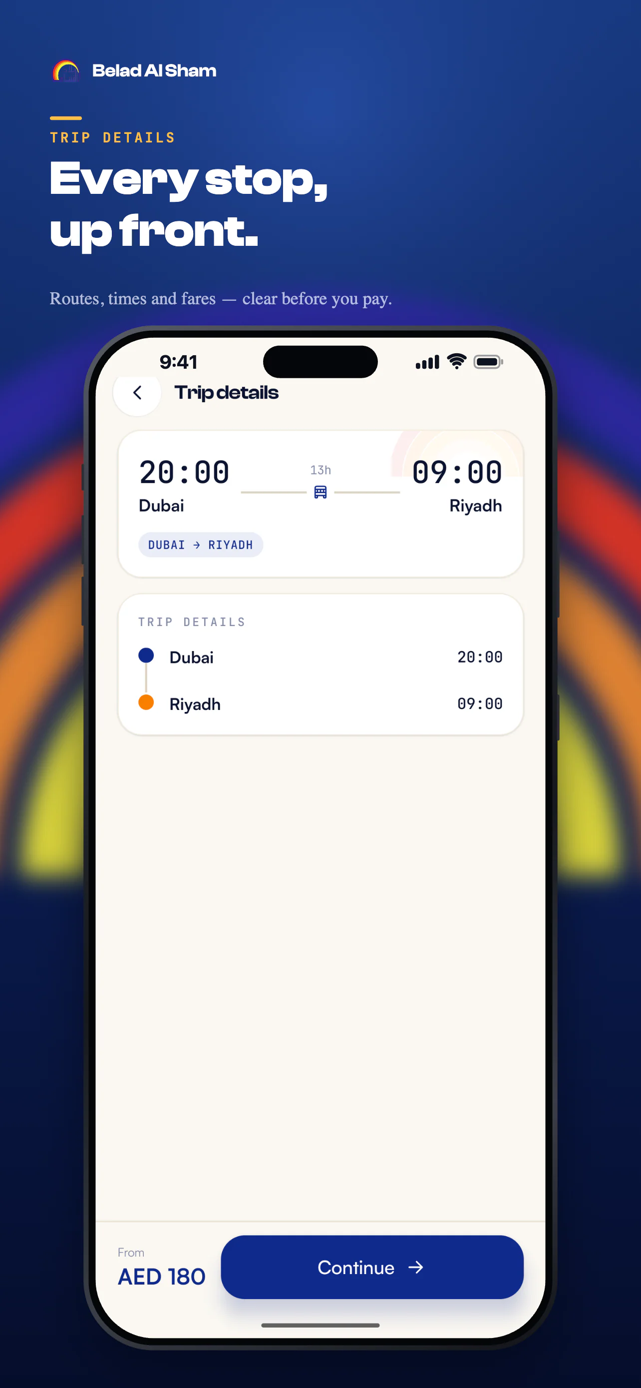 صورة ترويجية من App Store: تفاصيل رحلة من دبي إلى الرياض مع وقتي المغادرة والوصول والمحطات والأجرة (بيانات تجريبية)