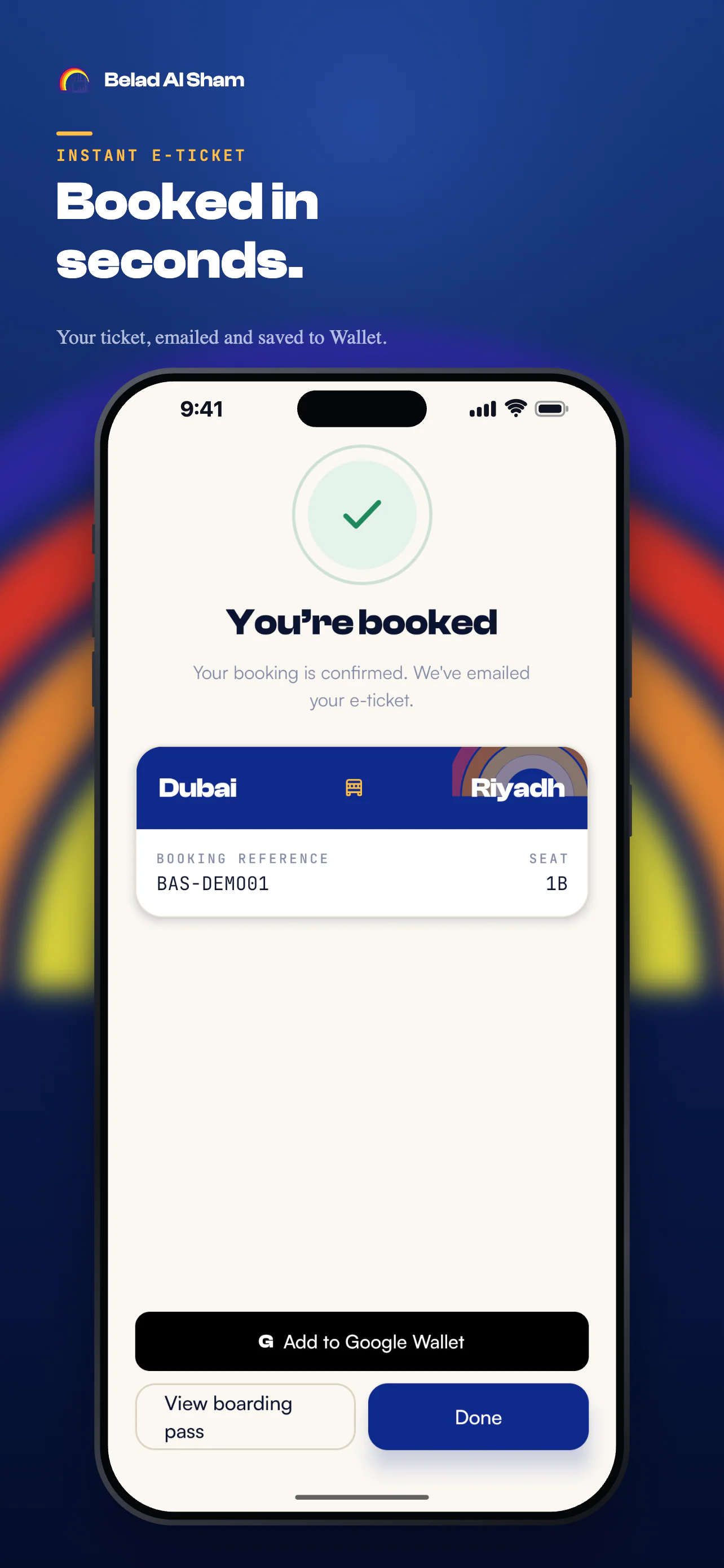 صورة ترويجية من App Store: تأكيد الحجز مع تذكرة من دبي إلى الرياض ورقم الحجز، وزر الإضافة إلى Google Wallet، وزر عرض بطاقة الصعود (بيانات تجريبية)