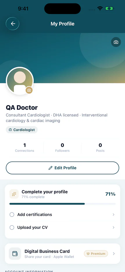 My Profile on iOS for a test account: a profile-completion checklist and the Digital Business Card entry