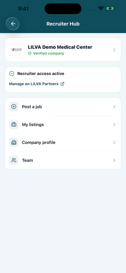 Recruiter Hub on iOS for a demo organization: recruiter access active, a Manage on LILVA Partners link, and Post a job, My listings, Company profile and Team