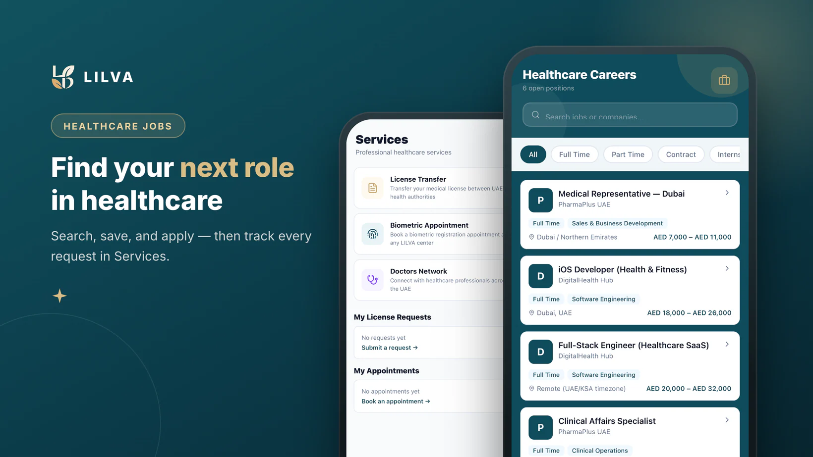 Wide Google Play panel: the Services tab with License Transfer, Biometric Appointment and Doctors Network, beside the jobs list