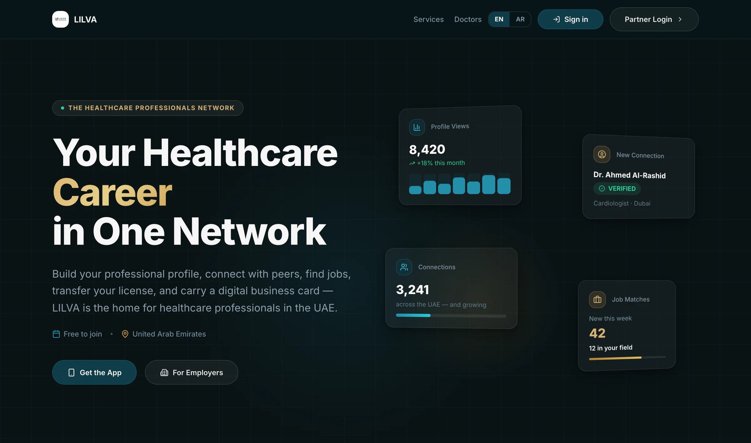 lilva.ae home page with the headline "Your Healthcare Career in One Network", Get the App and For Employers buttons, and sample profile-view, connection and job-match cards