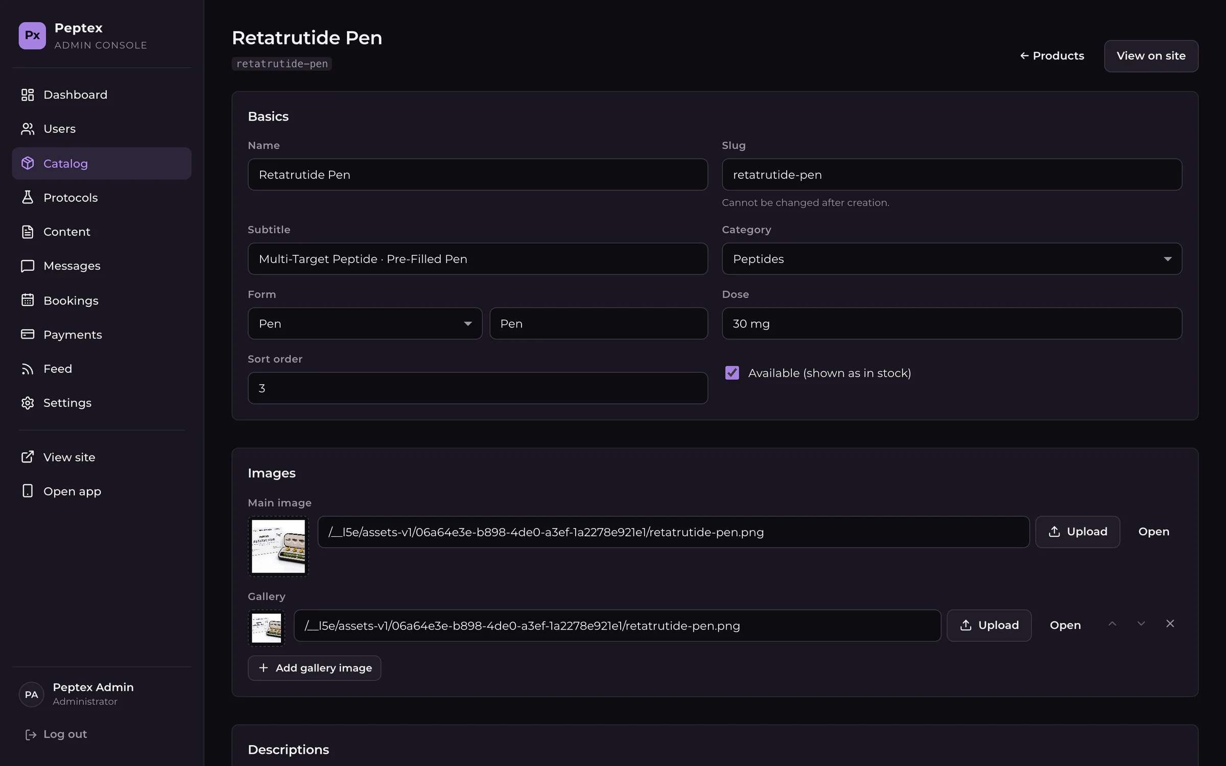 Admin product editor: Basics fields (name, slug, subtitle, category, form, sort order), an availability checkbox, and main-image and gallery uploads