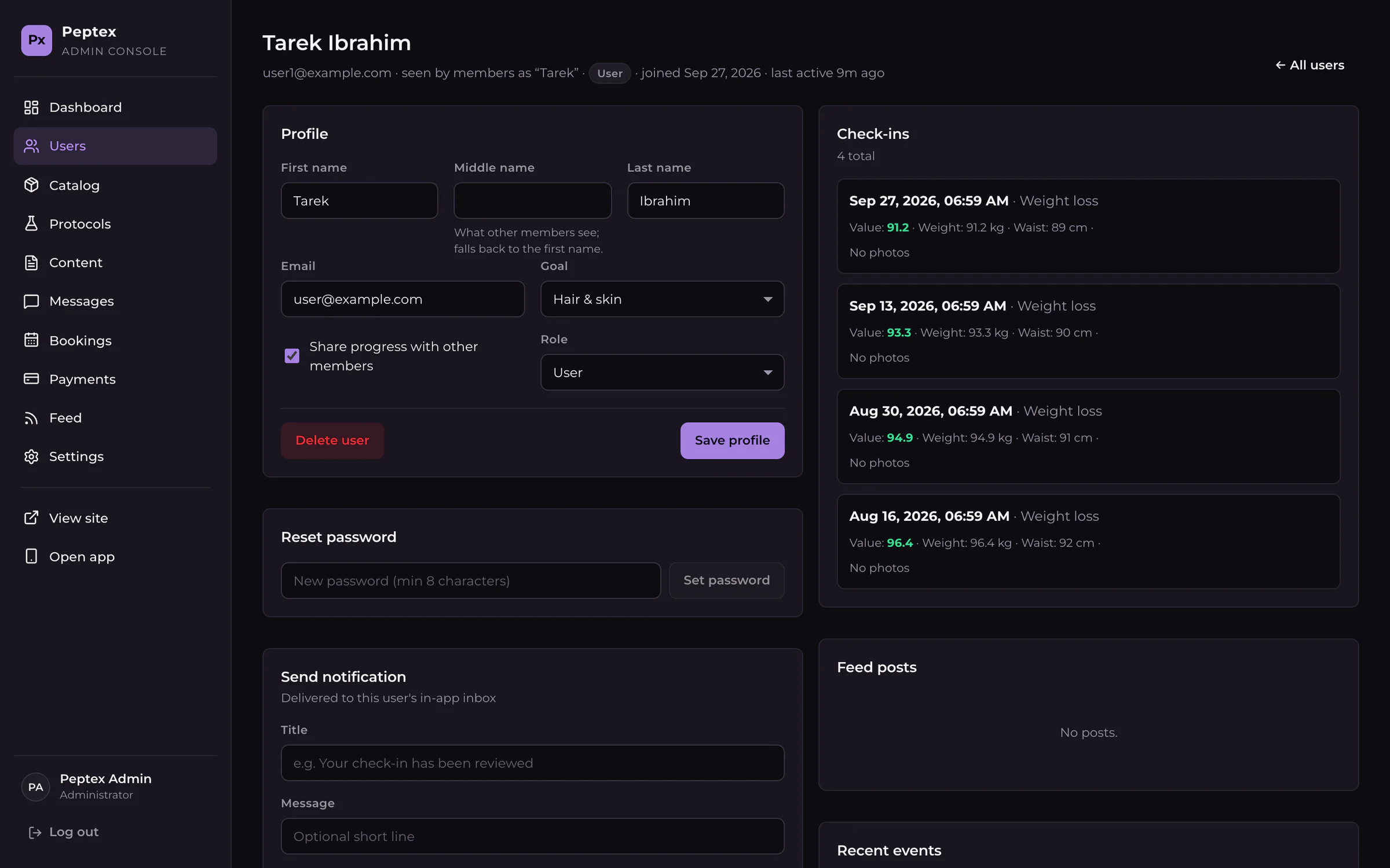 Admin member record under a placeholder name: profile fields for name, email and role, a sharing checkbox, password reset and a send-notification form, beside a list of dated check-ins with sample values