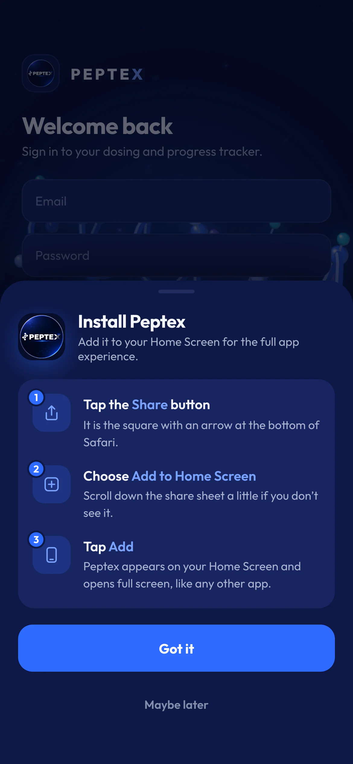 Install Peptex sheet over the sign-in screen, with three numbered iPhone steps: tap Share, choose Add to Home Screen, then tap Add