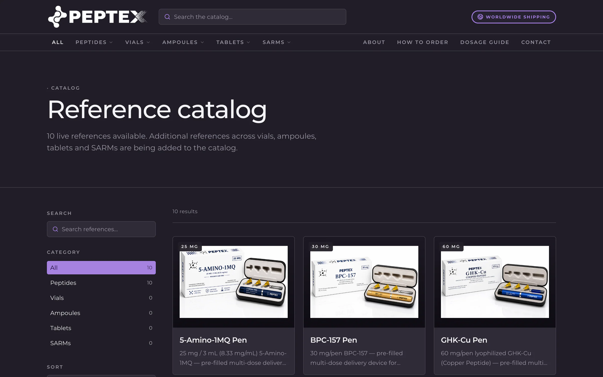 Catalog page: a search box, category filter and sort control on the left, beside a grid of product cards with photos and short descriptions
