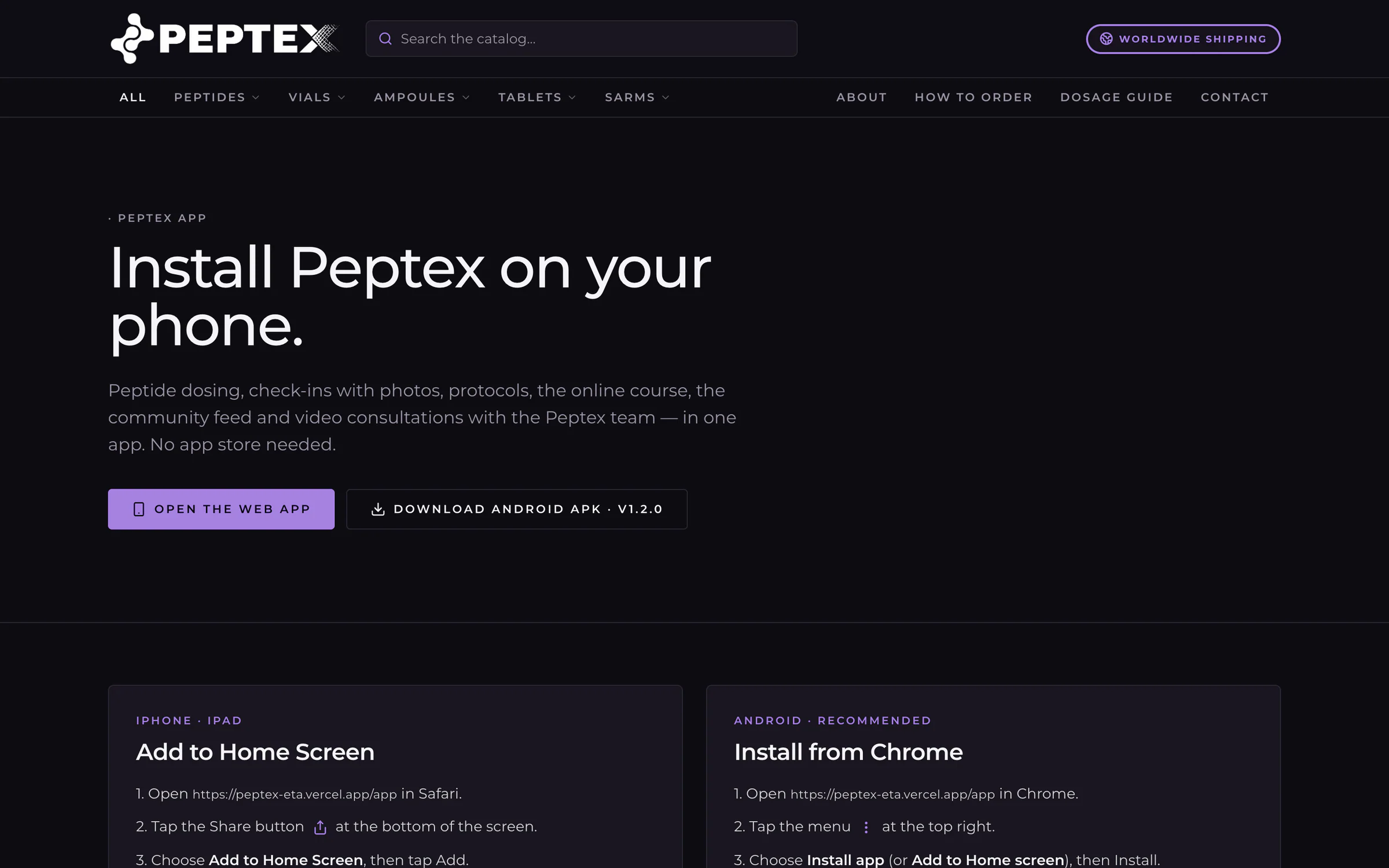 Get the app page: the heading "Install Peptex on your phone", buttons to open the web app or download the Android APK v1.2.0, and install steps for iPhone and Android
