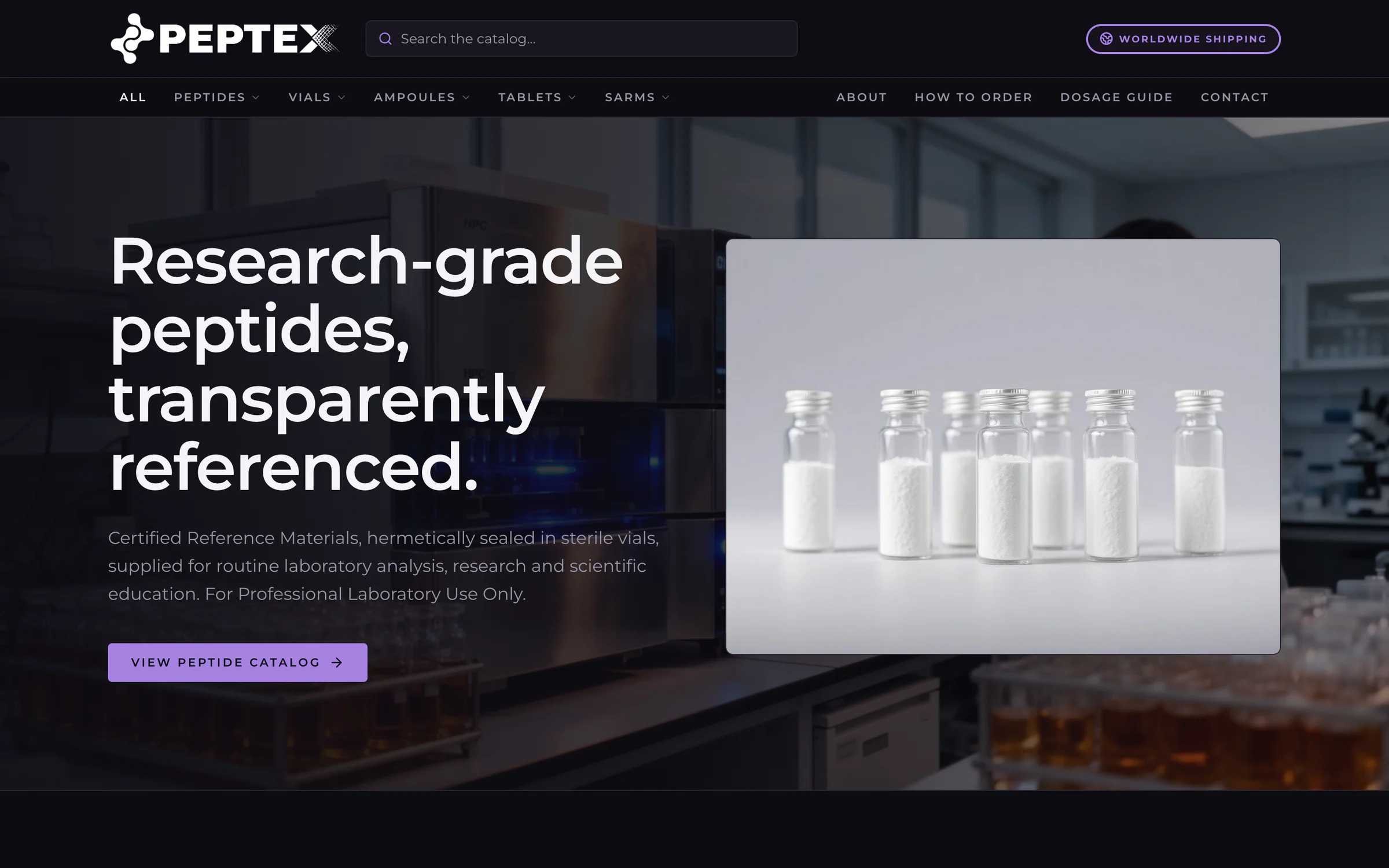 Peptex website home page on desktop: a dark hero over a lab photo, with a large headline, a catalog button and a photo of sealed glass vials, under a header with catalog search and category menus