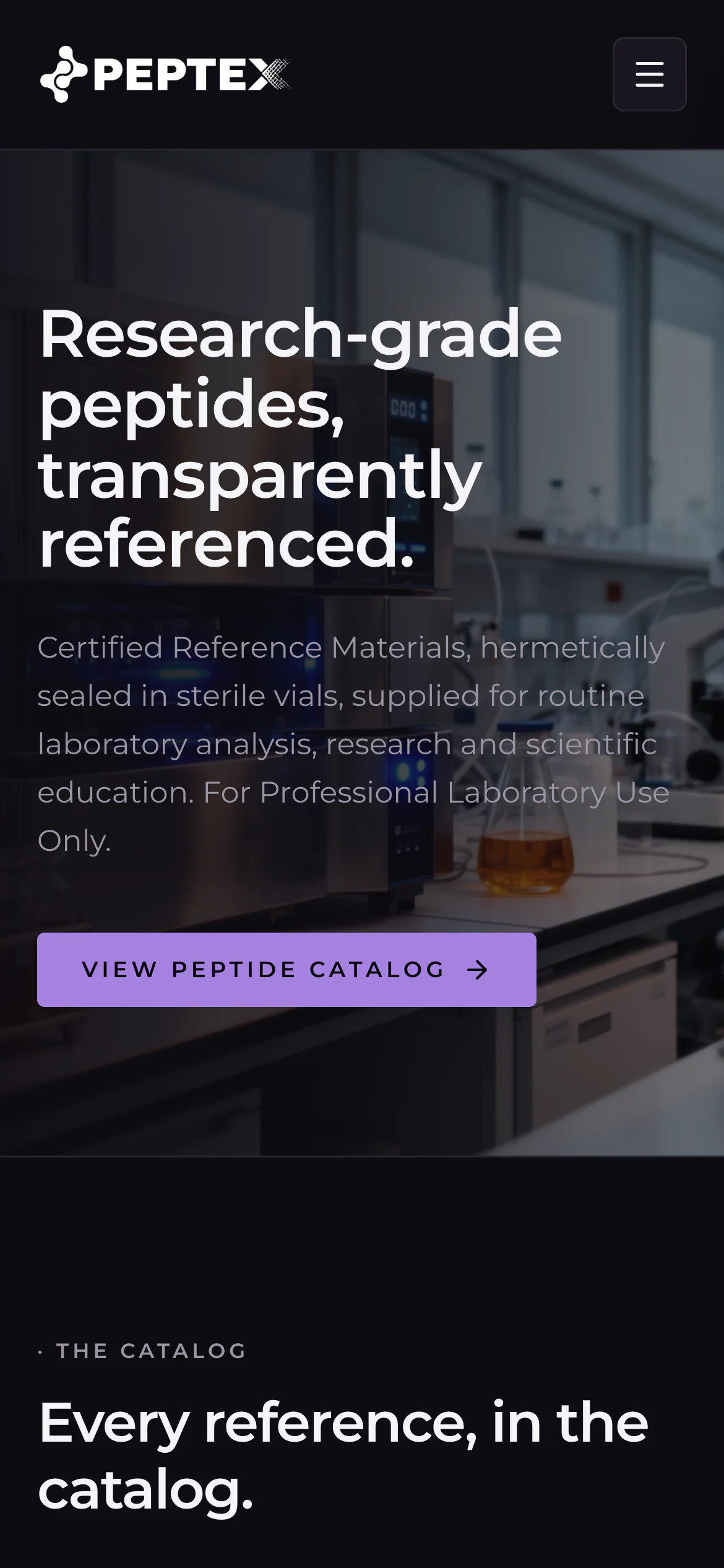Peptex home page on a phone: logo and menu button, the hero headline and catalog button, then the start of the catalog section