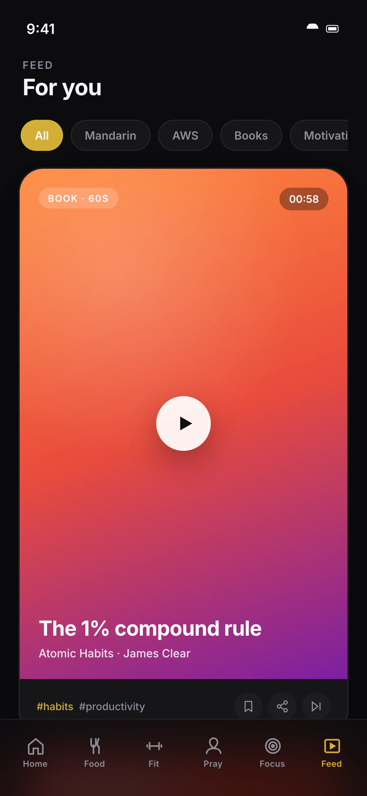 Yaumi Feed tab in the Dark Luxury theme: a 60-second book summary card with a play button, topic filter chips above it, and save, share and skip buttons below