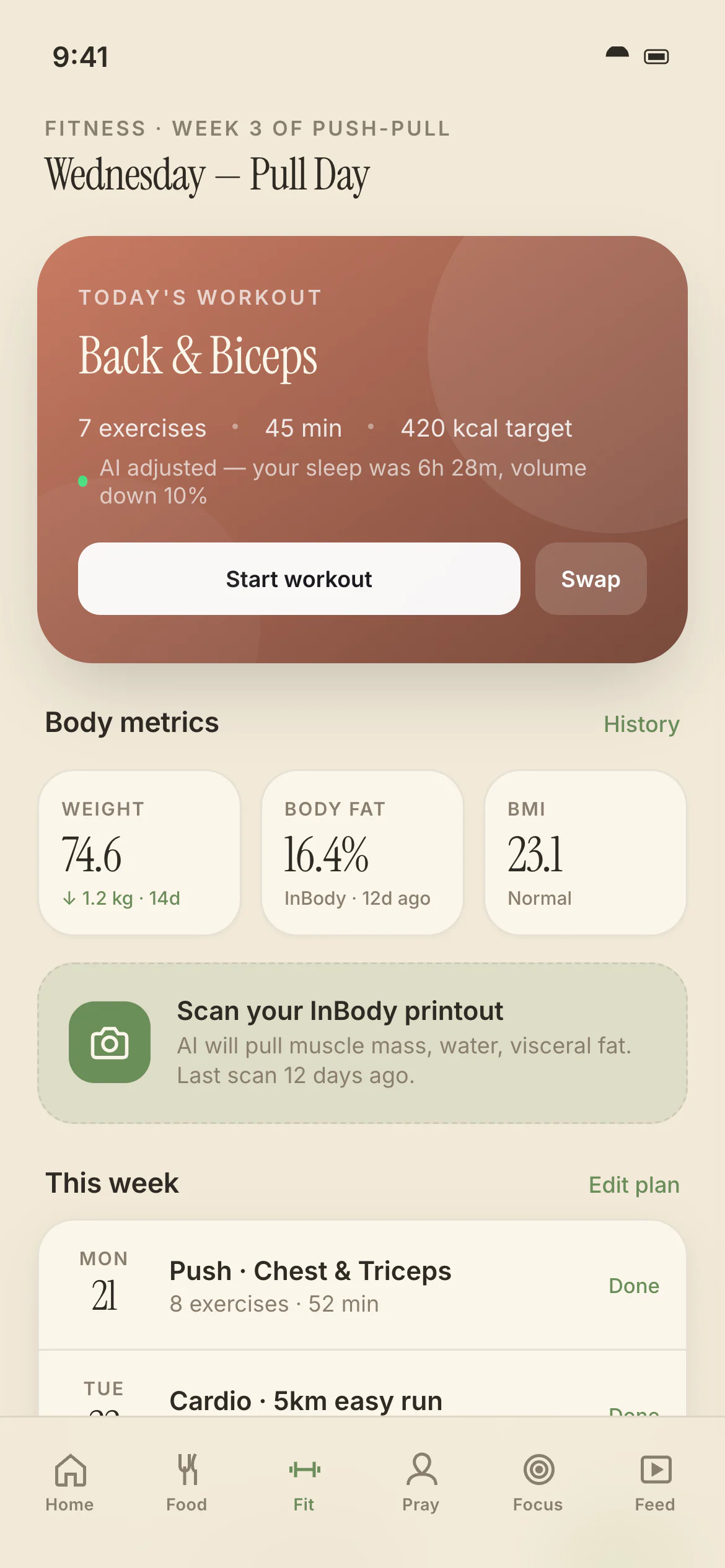 Yaumi Fit tab in the Organic Calm theme: today's workout card, adjusted by AI for last night's sleep, with Start workout and Swap buttons, weight, body fat and BMI tiles, an InBody printout scan card and the week's plan