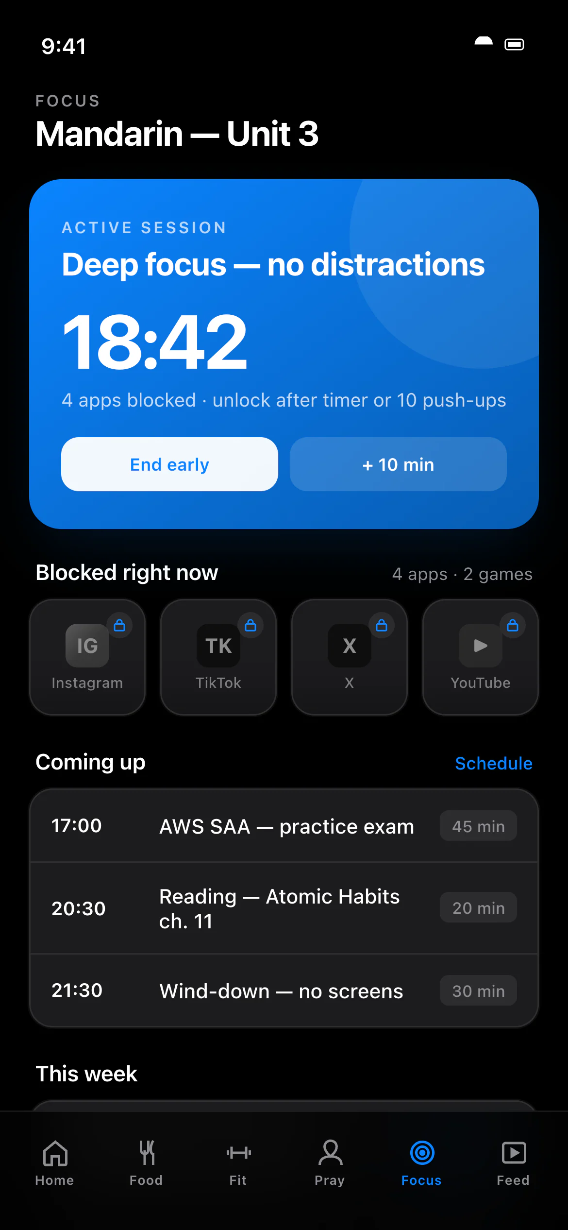 Yaumi Focus tab in the Apple Dark theme: an active deep-focus session with an 18:42 countdown and End early and +10 min buttons, four social apps shown as locked tiles, and upcoming sessions