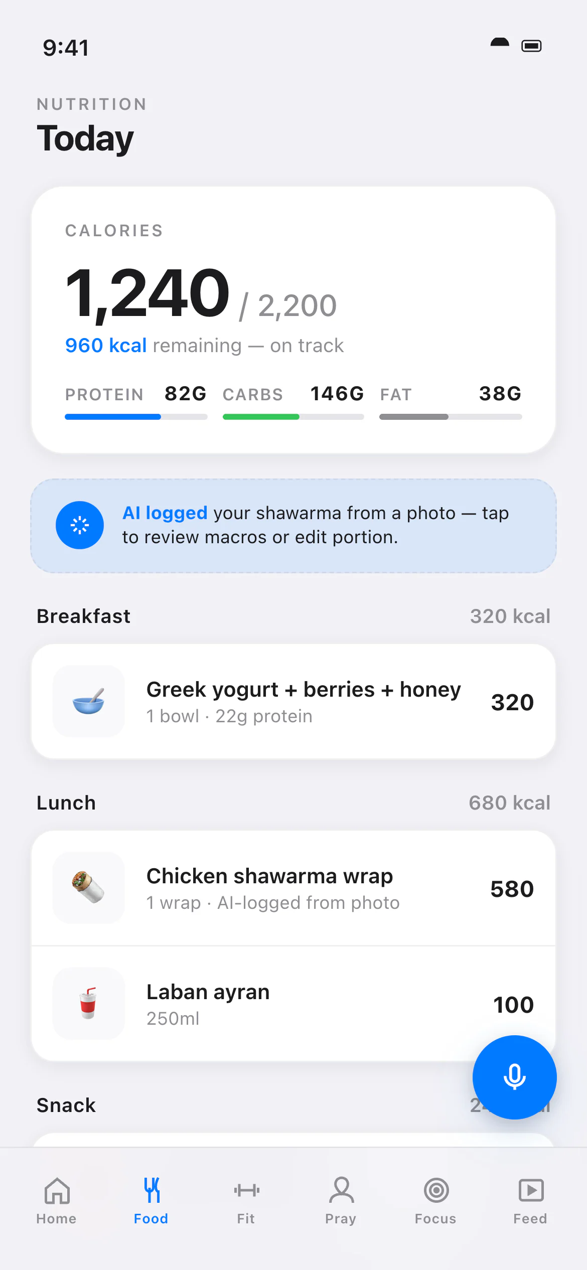 Yaumi Food tab in the Apple Clean theme: 1,240 of 2,200 calories with protein, carbs and fat bars, a banner noting a shawarma logged by AI from a photo, and the breakfast and lunch entries