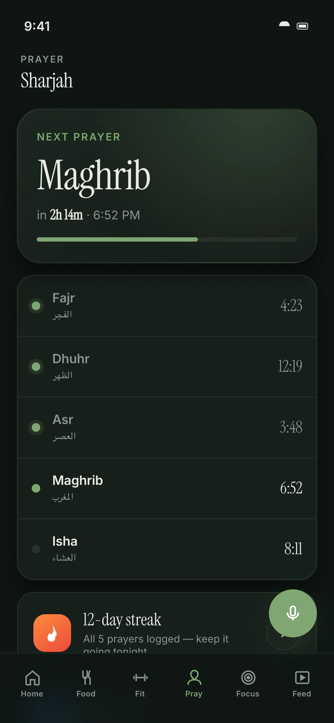 Yaumi Pray tab in the Midnight Sage theme: a countdown card for Maghrib, the five daily prayers in English and Arabic with sample times, and a 12-day streak card