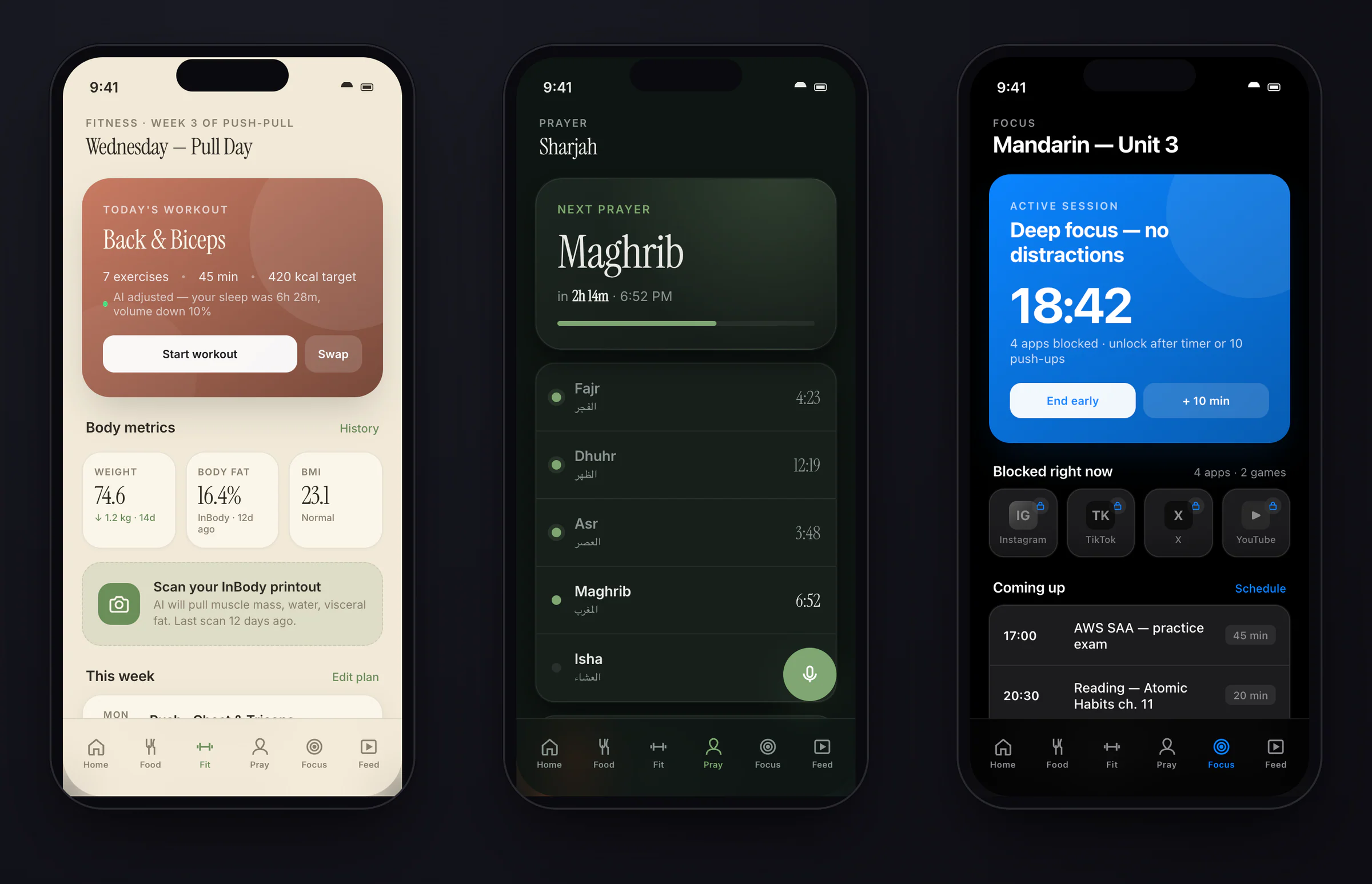Three Yaumi phones side by side: Fit in Organic Calm with today's workout and body metrics, Pray in Midnight Sage with the next-prayer card and prayer list, and Focus in Apple Dark with an active session and blocked apps (design prototype)